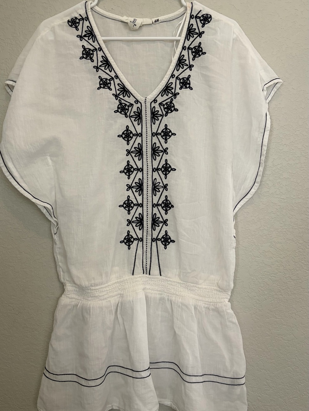 H&M White V-Neck Tunic with Navy Embroidery